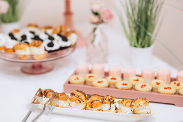 Candy bar of different cookies, candy and sweets at party