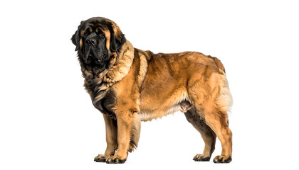 Leonberger standing calmly with fluffy brown fur on white background