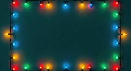 Bright multicolored string lights create a glowing frame on a deep blue-green background