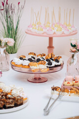 Candy bar of different cookies, candy and sweets at party