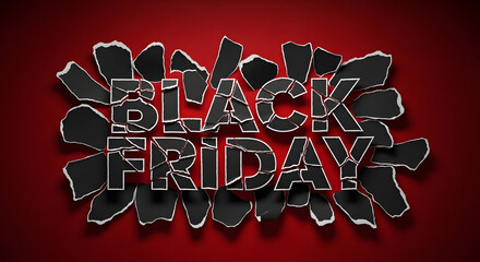 Black friday sale advertisement with shattered text effect on a red background for promotional campaigns