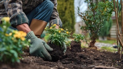 Lifestyle Image of Backyard Gardening with Blooming Plants and Soil Work