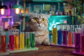 Curious cat scientist conducting colorful experiments in a lab filled with test tubes and vibrant liquids during a playful afternoon