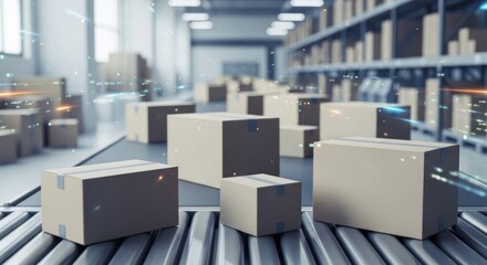 Cardboard boxes on an automated conveyor belt system in a modern, glowing warehouse