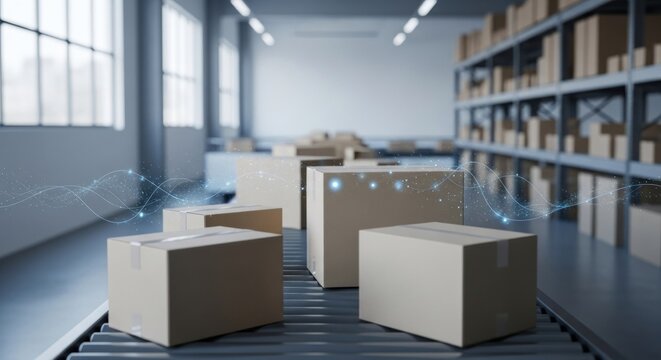 Cardboard boxes on conveyor in a modern warehouse, with digital data flowing - Powered by Adobe