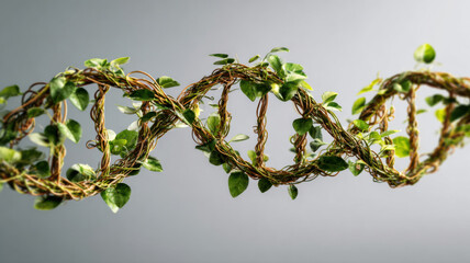 A DNA strand, made from twigs, is interlaced with vibrant green leaves, symbolizing growth and the essence of life