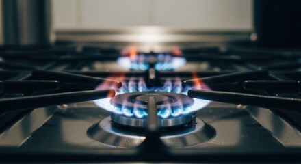 Close-up of a gas stovetop with two burners lit, showing blue and orange flames