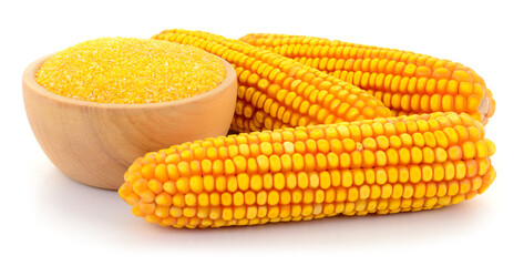 Corn cobs and corn grits isolated on white background