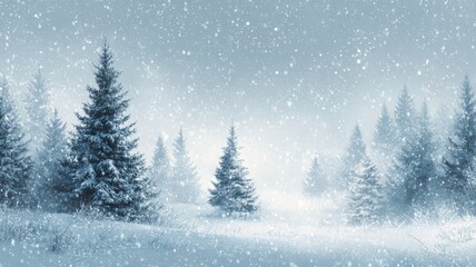 Snowy winter landscape with evergreen christmas trees and soft falling snow creating serene festive scene for merry christmas and happy new year greeting background with spacious copy area