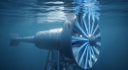 Underwater view of a large tidal power turbine generator with glowing blue lights, symbolizing renewable clean energy production