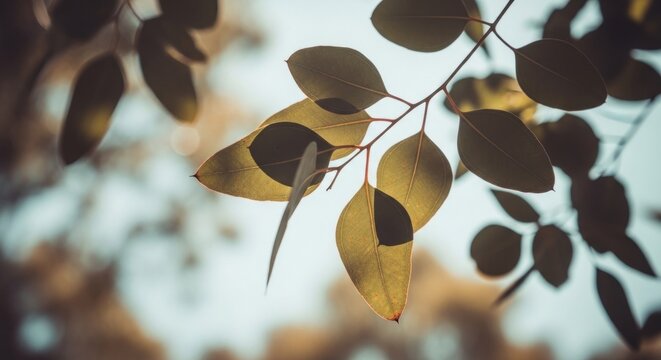 Close-up of green-gold leaves backlit by soft sunlight against a blurred sky