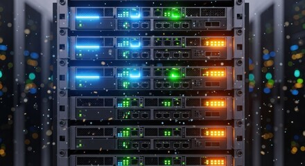 Close-up of interconnected data server racks with glowing lights and floating digital particles
