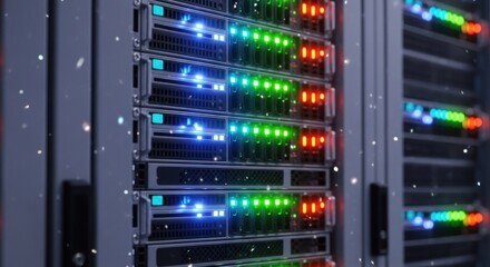 Close-up of server racks with blinking colored lights and digital particles in a data center