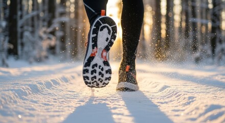 Close-up of runner's legs and shoes moving on a snowy path at golden hour, kicking snow