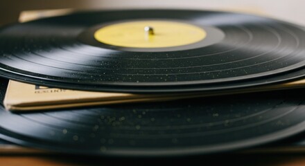 Close-up of two dusty black vinyl records stacked, with a yellow label on the top one