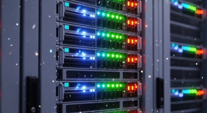 Close-up of server racks with blinking colored lights and digital particles in a data center