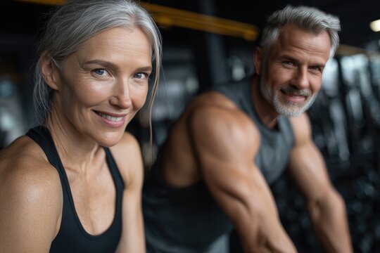 Mature couple staying fit together during a workout session at a gym focusing on health and wellness in their everyday routine
