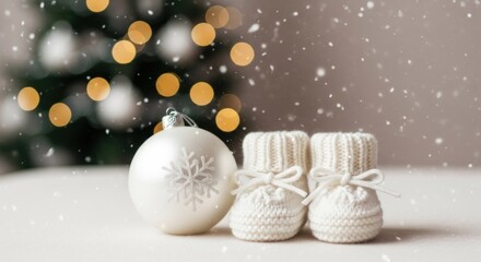 Cozy scene white baby booties and snowflake ornament under falling snow, bokeh lights