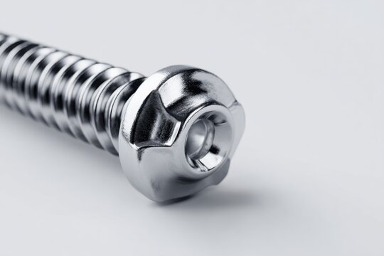 Detailed close-up view of a polished metal screw featuring prominent thread design on a clean, bright background for hardware display, inspection, or product showcase