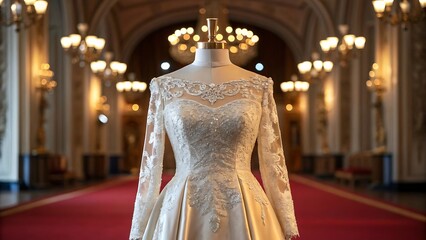 Exquisite lace wedding dress displayed on mannequin in grand hall