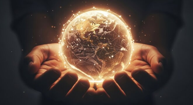 Cupped hands hold a glowing digital Earth globe, networked with interconnecting light trails