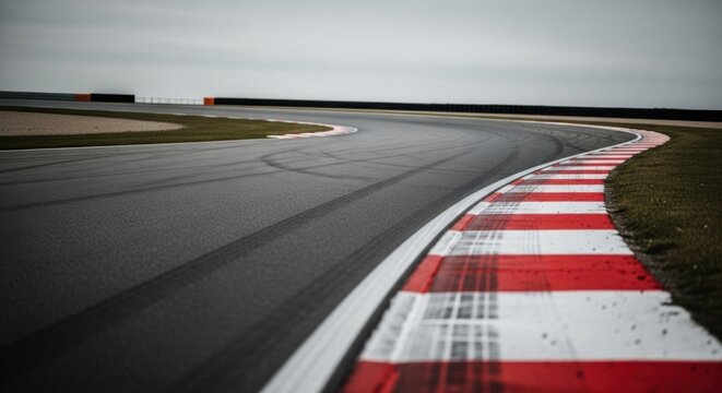 Curving asphalt race track with red and white kerb under a cloudy sky, tire marks visible