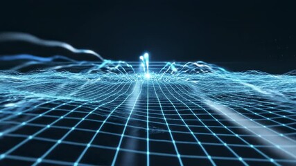 Undulating wireframe grid generating rhythmic light trails across a vast dark space symbolizing computational power and data waves rhythm, data waves, high tech