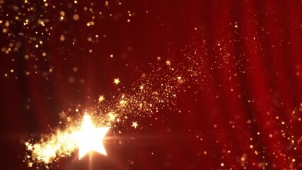 Animated luminous Christmas star streaking across vibrant red backdrop with sparkling golden particle tail, creating an elegant festive loop for seasonal presentations and visuals - Powered by Adobe