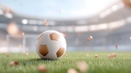 Soccer ball resting on vibrant green grass in a stadium, with blurred background showcasing an energetic sports atmosphere and excitement