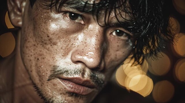 Intense Gaze: A close-up portrait of a determined individual, beads of sweat glistening on his face, eyes filled with grit and determination, reflecting resilience.