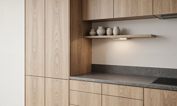 Japandi Kitchen Simplicity. A kitchen that perfectly captures the Japandi ethos of simplicity and natural materials. The cabinets are a