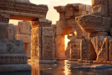 Explore ancient stone ruins in Jordan showcasing intricate carvings and historical architecture at sunset, inviting deeper appreciation for lost civilizations