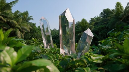 Luminous Crystal Structures Emerging from Lush Green Nature