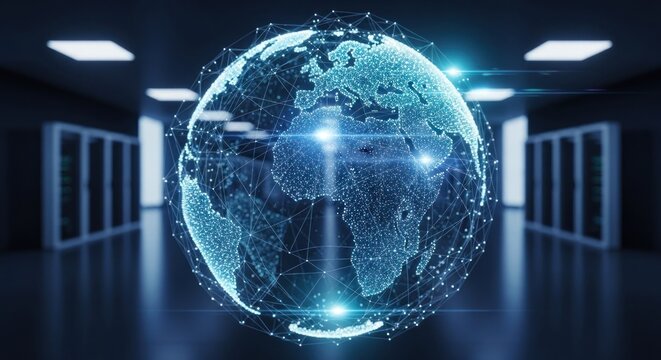 Digital earth globe with network connections in a dark, futuristic server room - Powered by Adobe