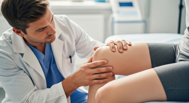 Doctor carefully examines a patient's knee during a medical check-up in a clinic