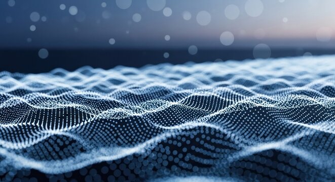Digital wave pattern of glowing blue dots undulating across an abstract background with bokeh