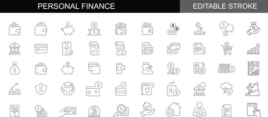 Personal finance line icon set – Includes money, investment income, loan and wealth. Editable stroke. Vector illustration.