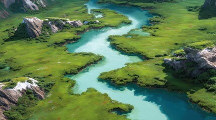 Serene Aerial View of Lush Green Landscape with Meandering River