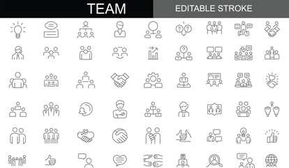 Comprehensive Line Icon Set for Teamwork, Cooperation, and Business Organization: Editable Stroke Vector Illustration