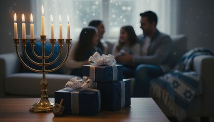 Family celebrating hanukkah together cozy living room festive image warm atmosphere intimate viewpoint joyful traditions