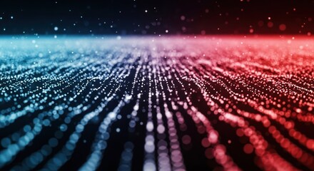 Dynamic blue and red digital particles flow across a dark abstract background with bokeh
