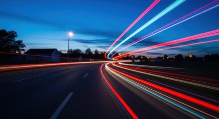 Dynamic long exposure of vivid red and blue light trails on a curving road at night