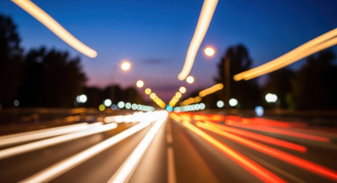 Dynamic long exposure of night city highway traffic creating vibrant light trails