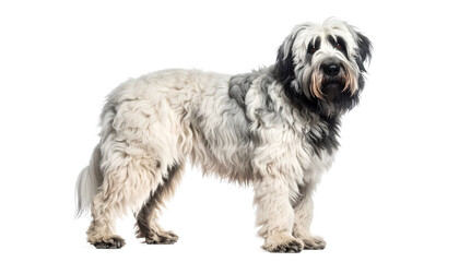 Catalan sheepdog standing alert with fluffy gray and black fur on white background