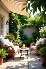 Fototapeta premium Peaceful Patio Retreat with Rattan Furniture and Lush Greenery Under a Striped Awning
