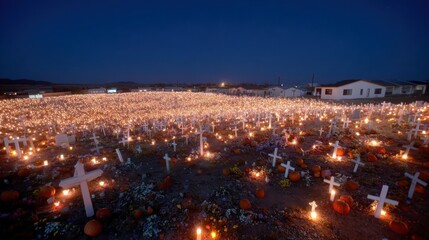 Fototapeta premium Nighttime Cemetery Scene with Lit Candles and Colorful Altars