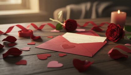 Romantic gesture with love letters and roses cozy indoor setting heartfelt presentation warm ambiance close-up view sentimental