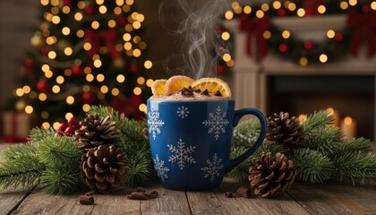 Warm festive drink with orange slices cozy christmas setting lifestyle photo rustic environment close-up view holiday spirit