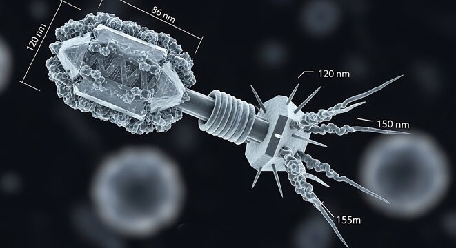 Detailed 3D Illustration of Bacteriophage Virus Structure with Nanometer Measurements
