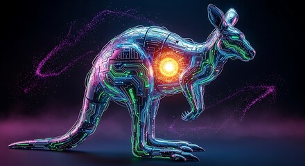 a futuristic depiction of a kangaroo constructed from glowing circuit boards and neon lights with a vibrant core shines high quality professional detailed